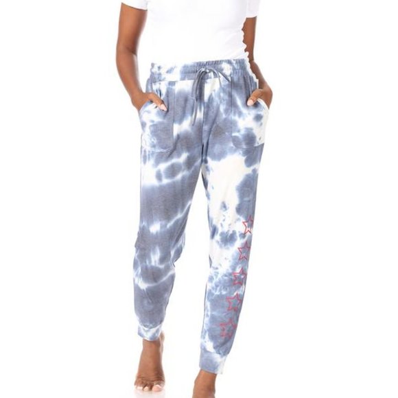 RAE DUNN Navy & White Tie Dye Patch Pocket Joggers - Picture 1 of 3
